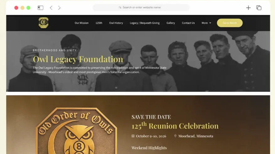 The Owl Legacy Foundation website on a laptop