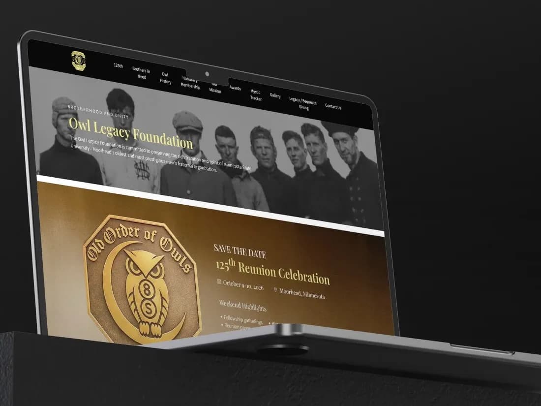 The Owl Legacy Foundation homepage on a laptop